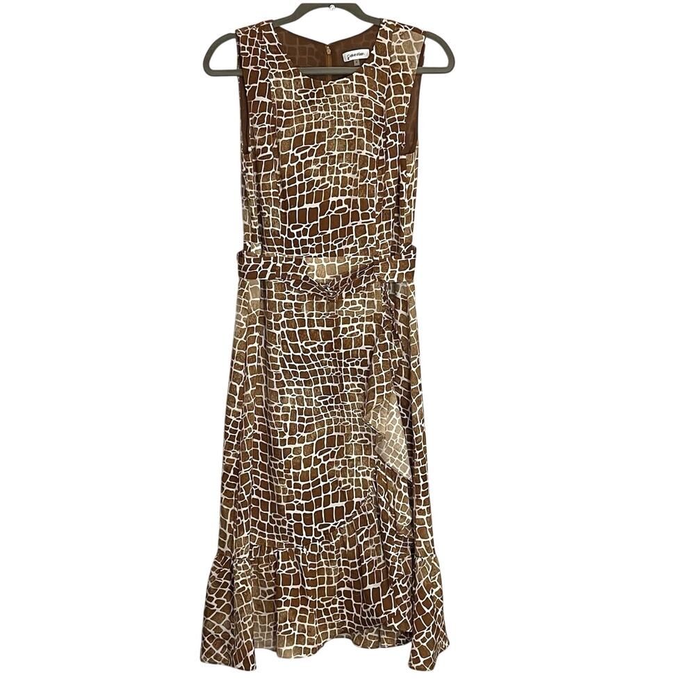Calvin Klein Dress Womens Size 6 Animal Print Brown Round Neck Sleeveless Belted